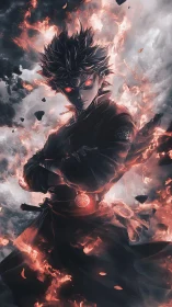 Dark anime warrior with glowing red eyes in swirling fire.