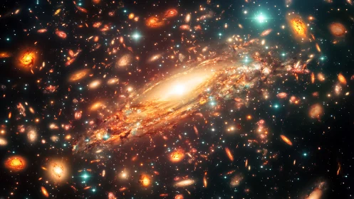 Central luminous spiral galaxy is surrounded by dense field