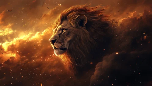 Lion head emerges through burning storm clouds in profile.