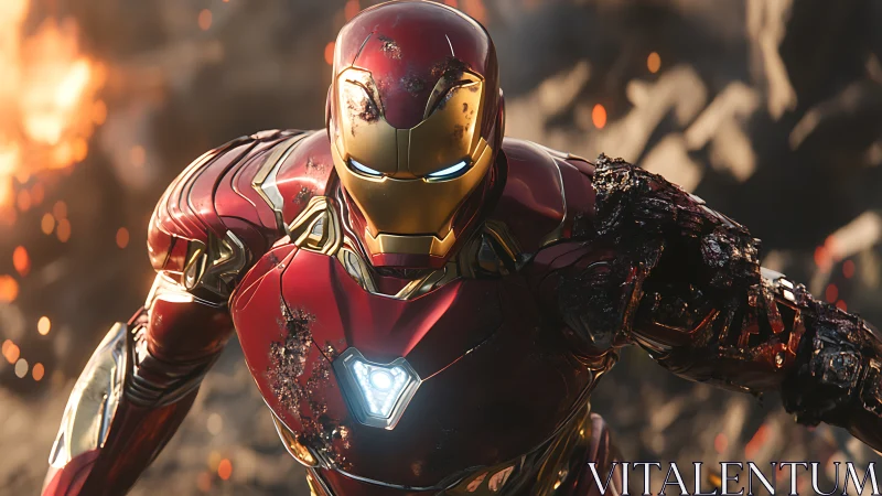 Armored superhero in battle damaged red metallic suit.