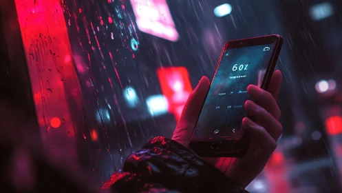 Neon lit hand holds glowing phone in a rainy midnight city.