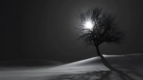 Solitary winter tree silhouettes starkly against lunar backlight