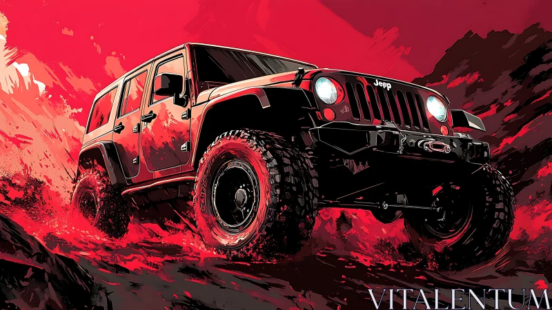 Off road Jeep illustration cutting through red terrain.