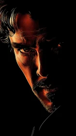 Moody portrait glows with bold highlights against deep shadow