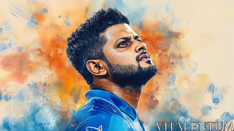 Steady cricketer gazes upward against vivid painted clouds