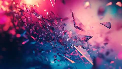 Shattered Glass in Motion with Neon Pink and Blue Lighting Effect.
