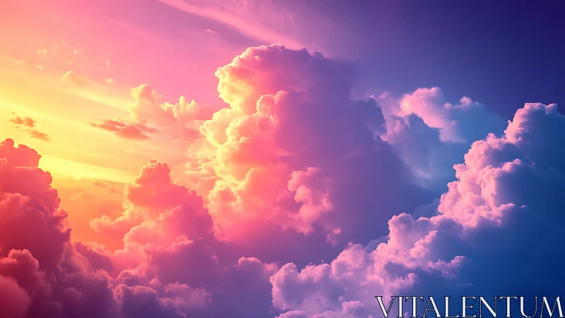 Volumetric cumulus cloudscape under gradient sunset spectral lighting