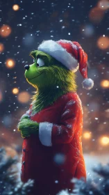 Gentle green creature enjoys a quiet snowy Christmas evening