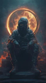 Hooded pyro-warlord on obsidian throne before burning moon.
