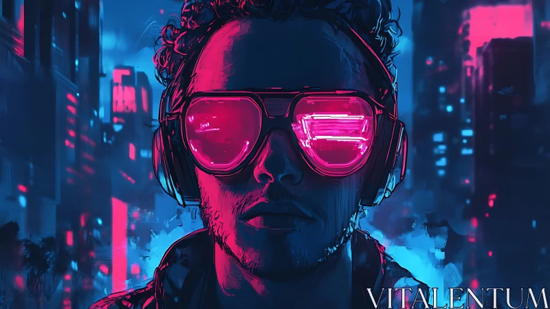 Neon visor reflects a futuristic city in saturated cyberpunk glow.