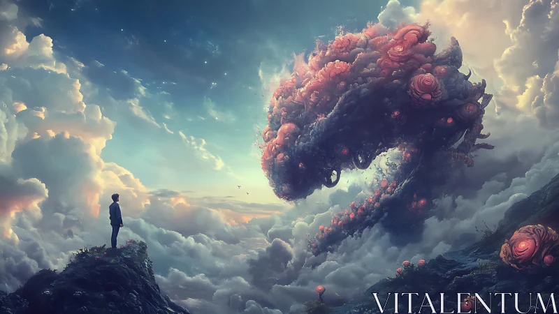 Boy meets colossal cloud-creature amid luminous dream skies.