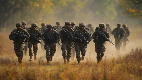 Photorealistic infantry column in dusty field maneuver formation.