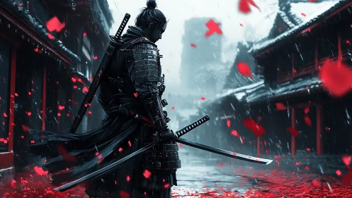 Armored ronin in snowy alley with dual katanas and red petals swirling