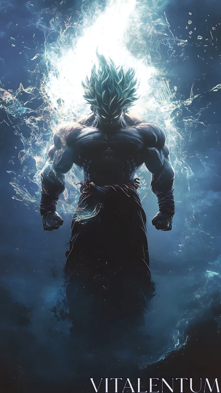 Energy-charged warrior rises through swirling blue vortex