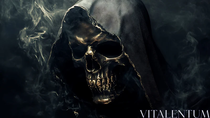 Hooded golden skull emerges from swirling dark smoke.