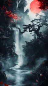 Crimson moonrise over misty waterfall and quiet gorge.