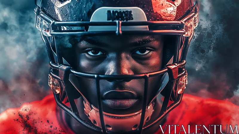 Locked-in game face under stadium lights and drifting smoke.