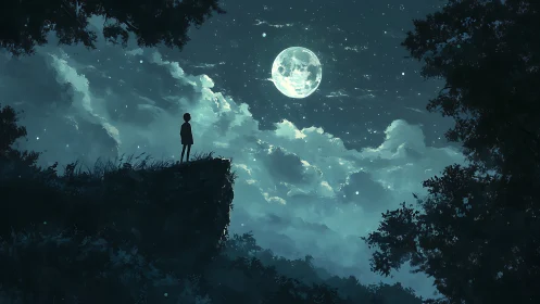 Silhouetted child stands on cliff edge under bright full moon