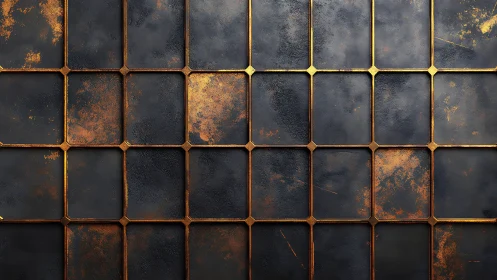 Weathered black metal tiles form gridded industrial surface