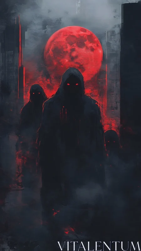 Hooded spectral figures under blood-red lunar eclipse event.