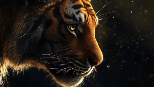 Close side profile of tiger head in dramatic low light.