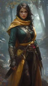 Forest rogue in amber cloak pauses between whispering worlds.