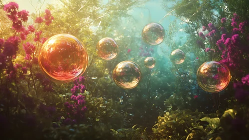 Iridescent bubbles floating in dense sunlit garden.