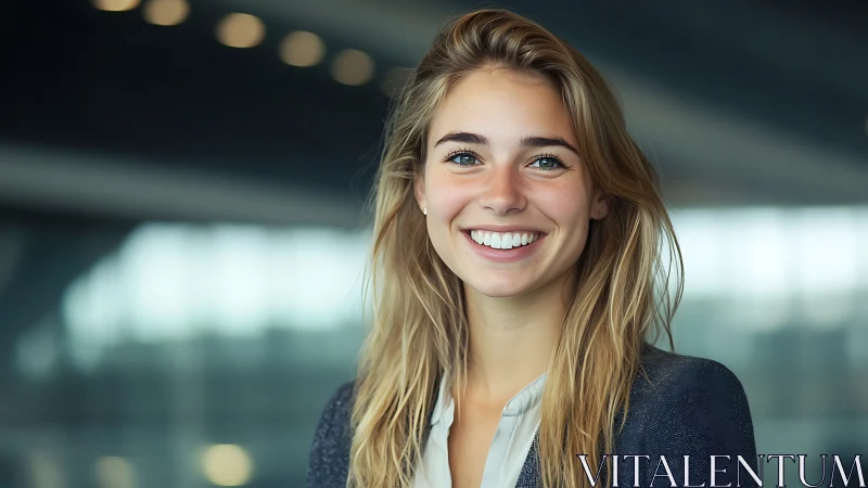 Confident young woman smiling in modern business environment.