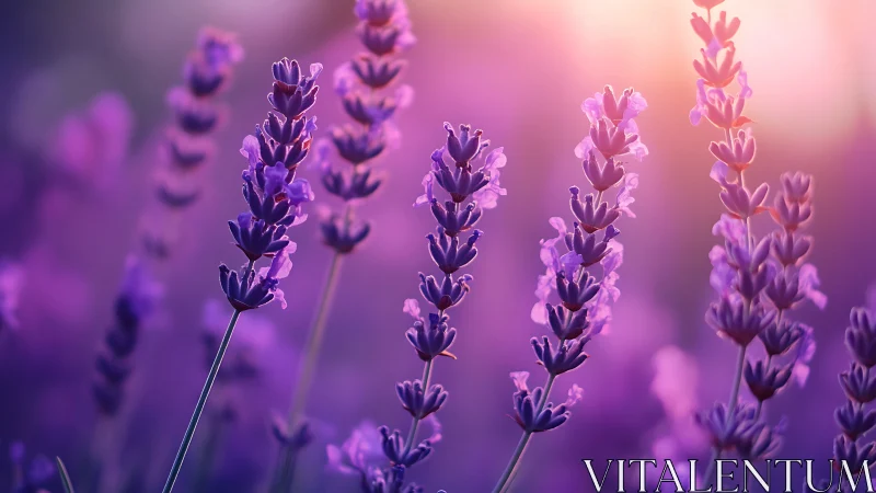 Purple Lavender Field in Soft Focus Sunlight.