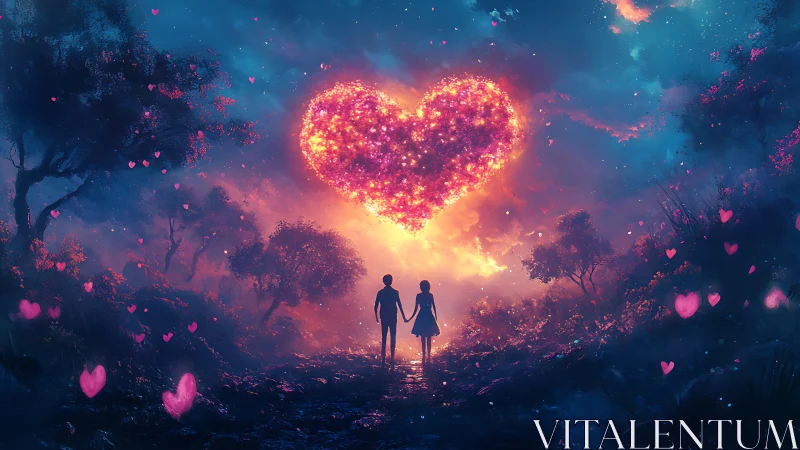 Two figures observe large luminescent heart suspended in forested landscape