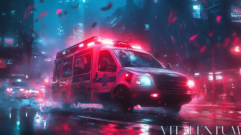 Emergency ambulance in neon lit rainy cyberpunk city street.