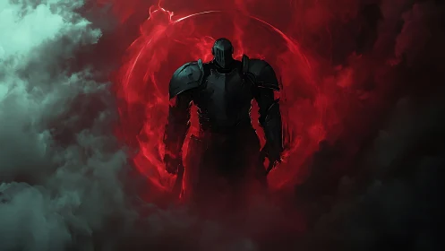 Dark armored warrior emerging from glowing crimson storm.