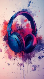 Digital painting of neon headphones in splatter gradient field.