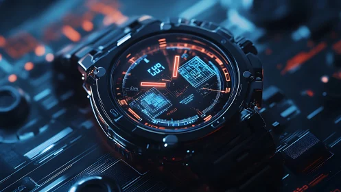 Futuristic digital wristwatch glows over cyber circuit board.