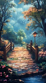 Sunlit garden bridge invites a tranquil autumn forest walk