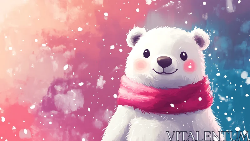 Snowy cub in pink scarf under pastel winter sky.