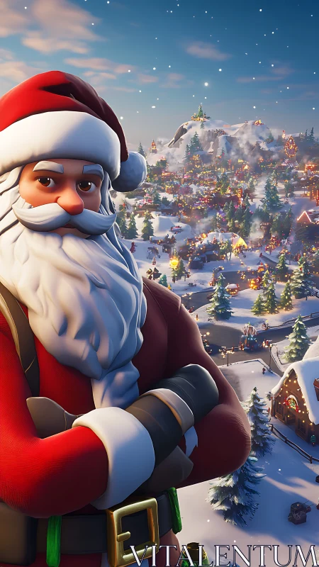 Stylized 3D Santa avatar overlooking illuminated winter village