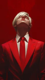 Blond figure in red suit against uniform red background.