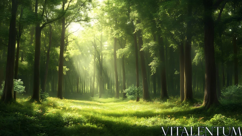 Sunlit Forest Clearing with Lush Greenery in Photorealistic Style.