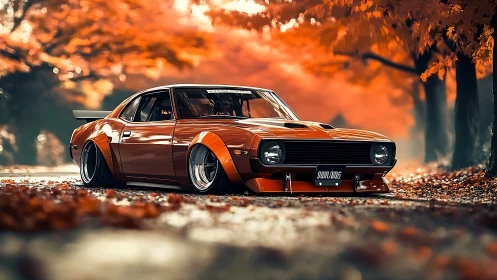 Classic muscle car prowls an autumn forest road in style