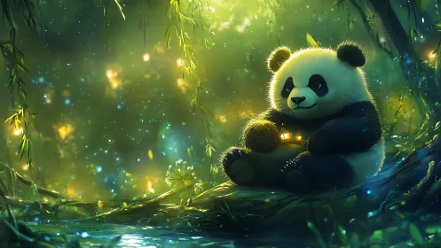 Digital panda illustration in luminous forest environment.