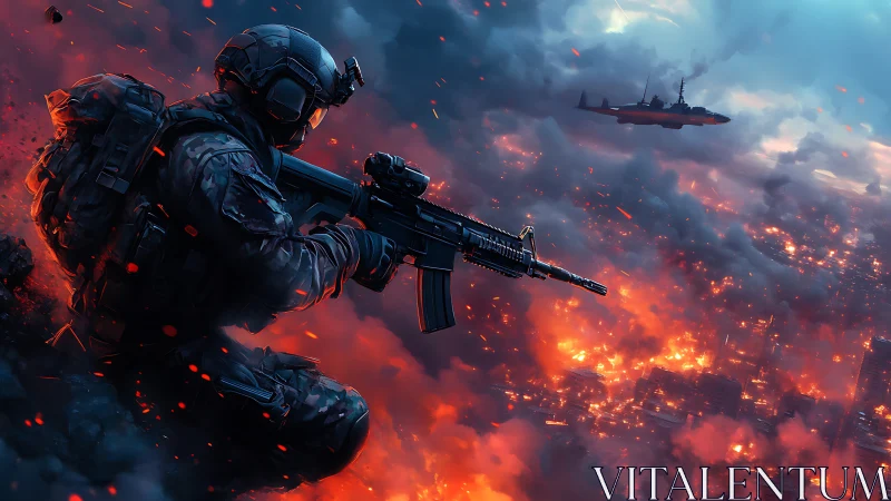 Armored soldier overlooking incendiary urban battlefield at dusk