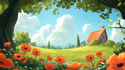 Poppy-bright meadow cradles a crooked-roofed cottage dream