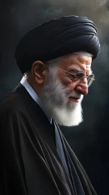 Elderly man in black turban rendered in dramatic profile