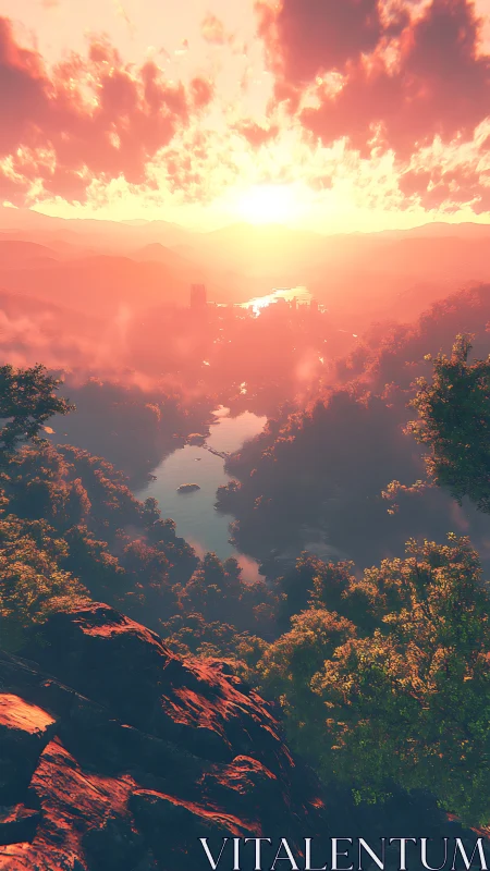 Sunlit river valley glows under radiant cloudburst sky.