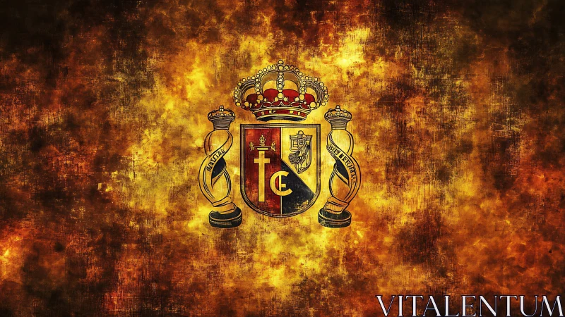 Glowing royal crest shining against a fiery textured sky.