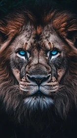 Lion portrait with intense electric blue eyes. Period.