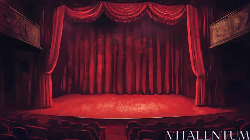 Red velvet proscenium stage interior rendered in warm diffuse light