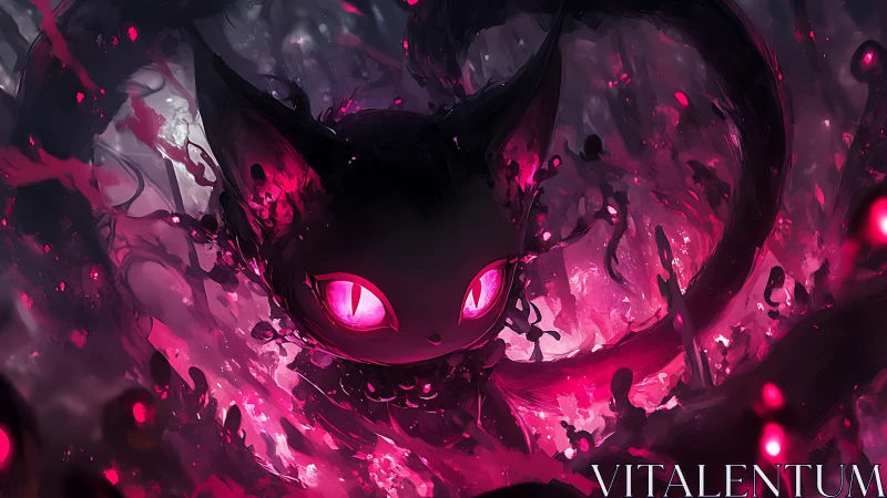 Cat-like figure with luminous eyes in dark abstract field.