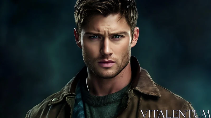 Digital portrait of rugged man in leather jacket, teal glow.